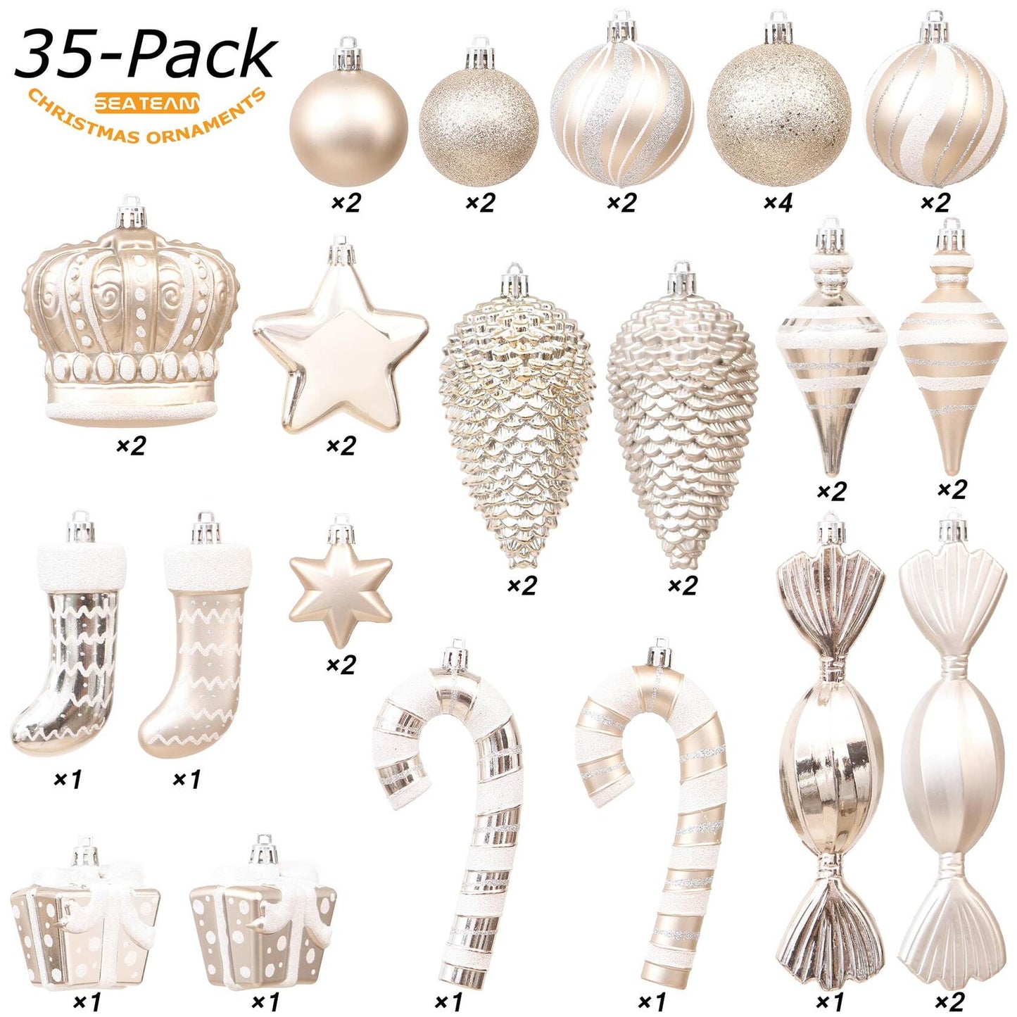 Sea Team 50-Pack Assorted Shatterproof Christmas Ball Ornaments Set Champagne