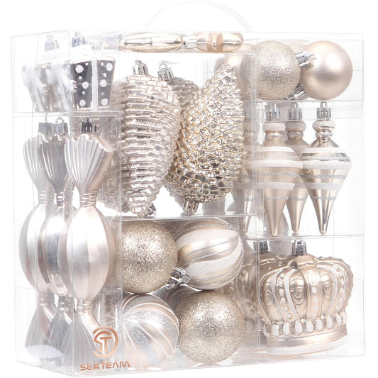 Sea Team 50-Pack Assorted Shatterproof Christmas Ball Ornaments Set Champagne