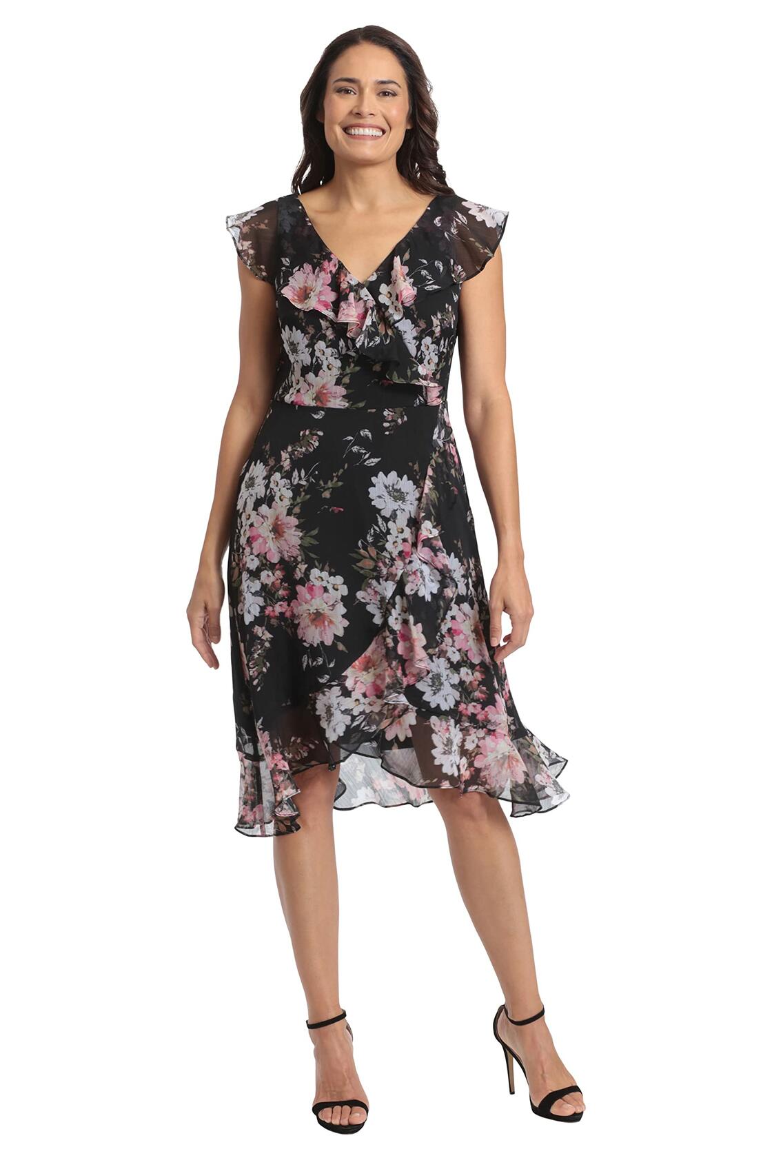 [Like_new] London Times Women's Chiffon Ruffle Dress Black/Blush Size 14