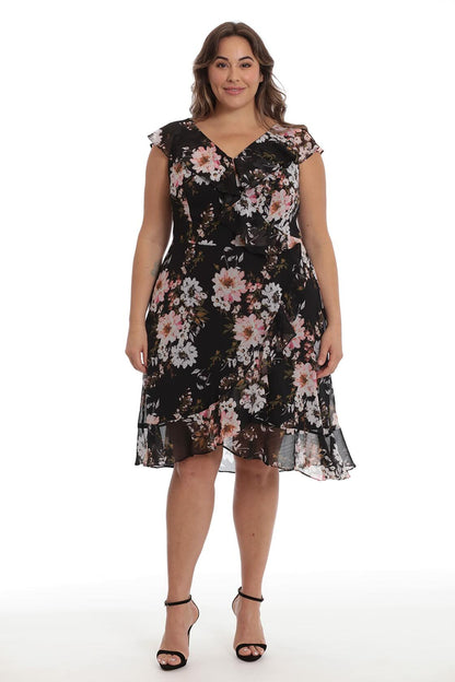 [Like_new] London Times Women's Chiffon Ruffle Dress Black/Blush Size 14