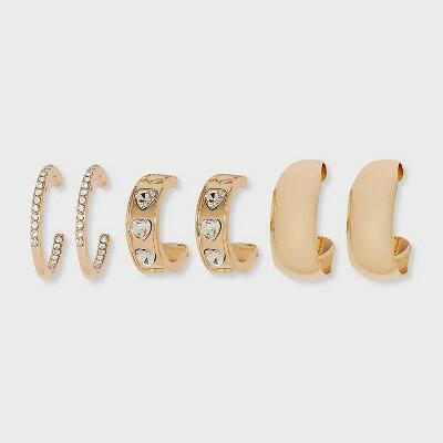 Wild Fable Cubic Zirconia Heart Hoop Earrings 3pc Gold