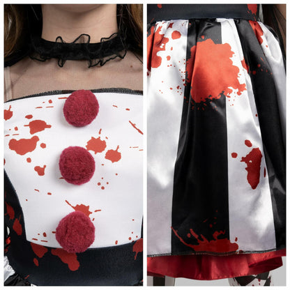 [Like New] Girls Scary Clown Costume Spooktacular Bloody Jester Dress Black White S