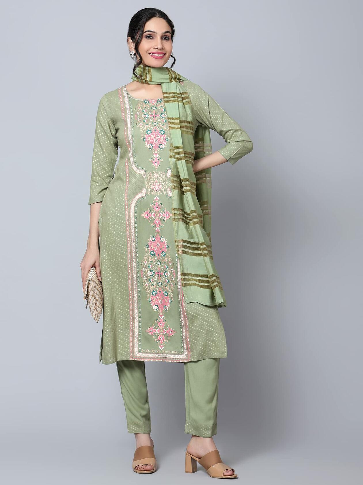[Like New] Bani Women Rayon Embroidered Kurta Pant Dupatta Set Green Size XX-Large