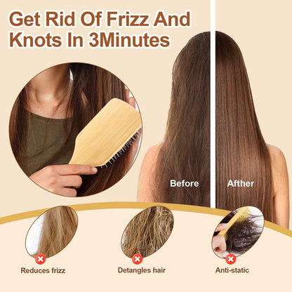 Arshray Bamboo Paddle Hair Brush Stainless Steel Teeth All Hair Types
