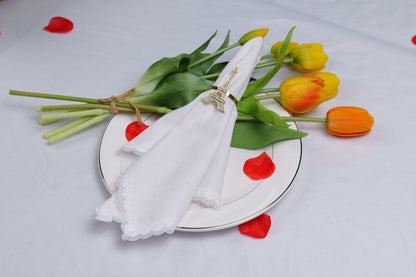 Cloth Dinner Napkins with Lace - Linen Rayon Cotton Blend -White
