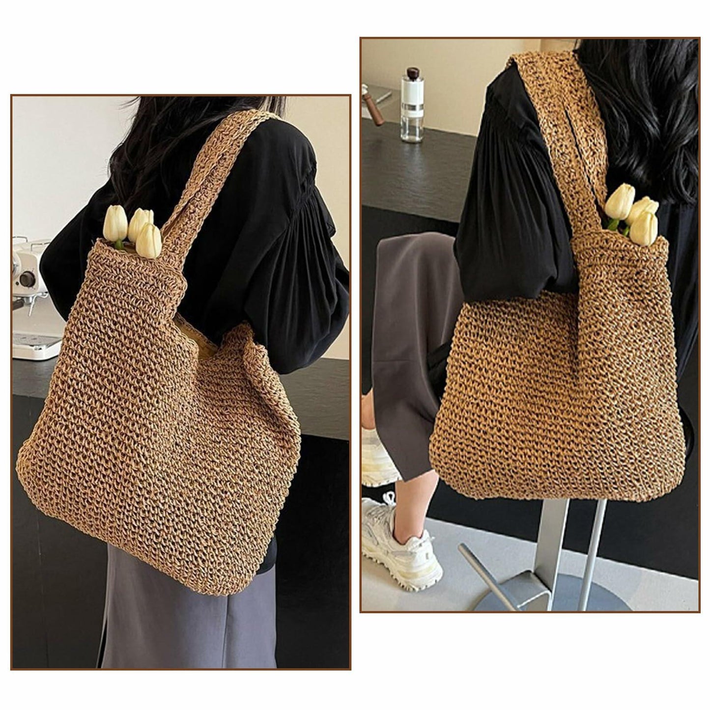 Toguma Straw Tote Handbag Beach Bag for Women Brown 15.75x15.75x3.07
