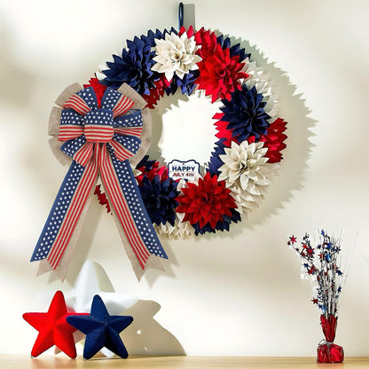 YanJie 4th of July American Flag Burlap Wreath Bow Patriotic Decor Stripes