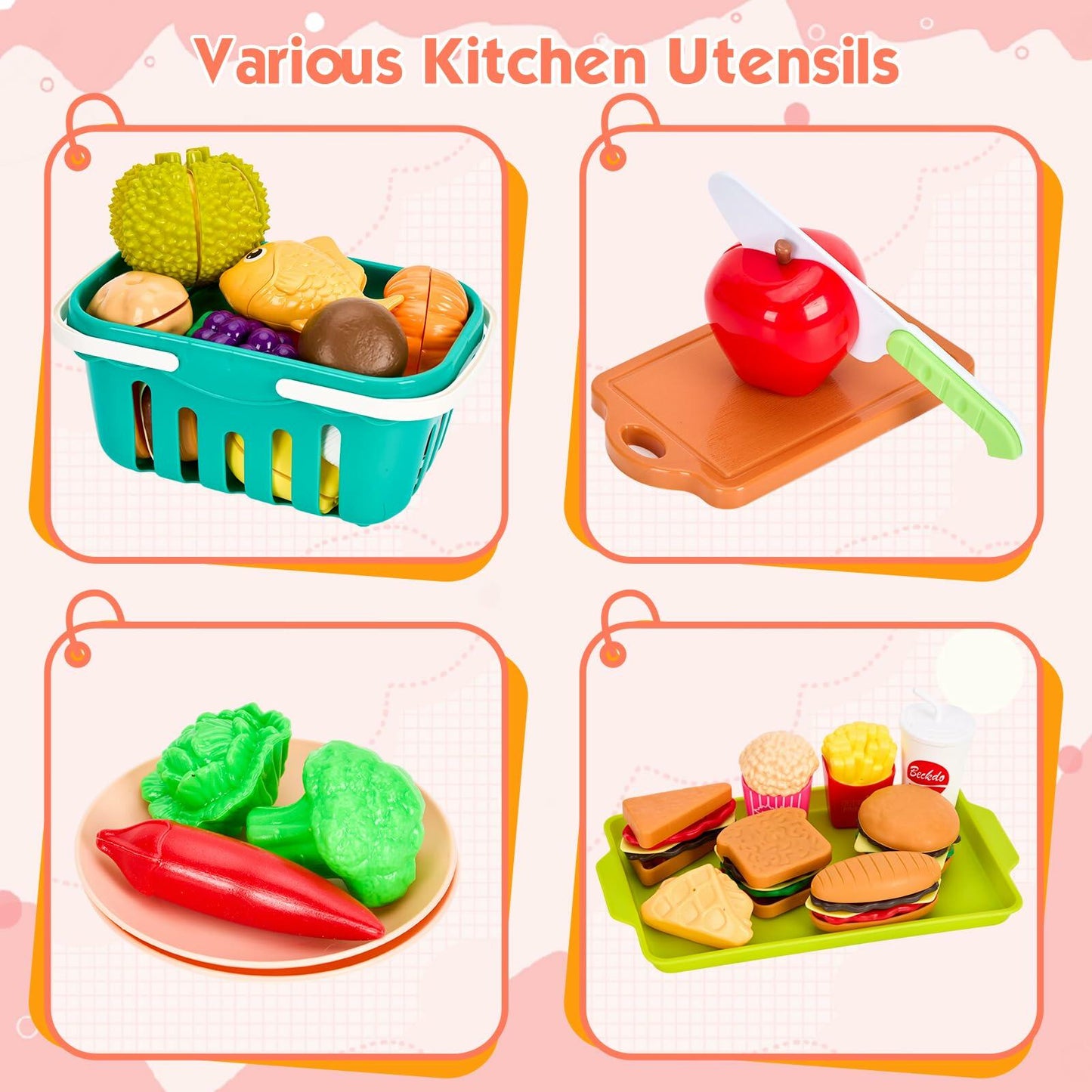 Bruvoalon 200Pcs Mini Play Kitchen Accessories Set Pink ABS Cookware Tableware