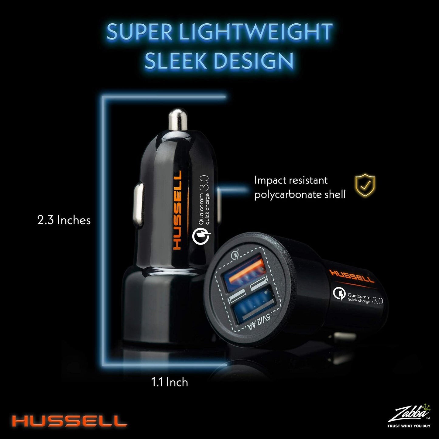 HUSSELL Car Charger Adapter 3.0 Fast Charge Dual USB Ports Black