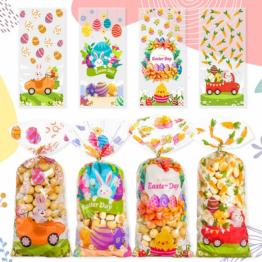 ABTOLS 100PCS Easter Cellophane Treat Bags Colorful Plastic Bunny 7x10in