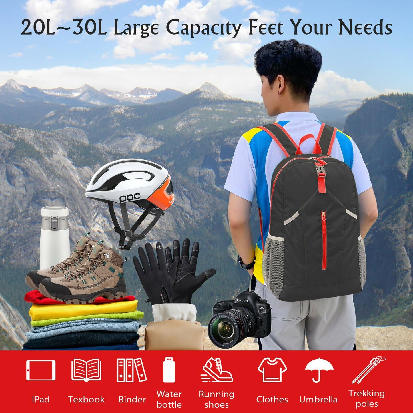 AMO NENES Lightweight Foldable Waterproof Hiking Backpack Black 25-30L
