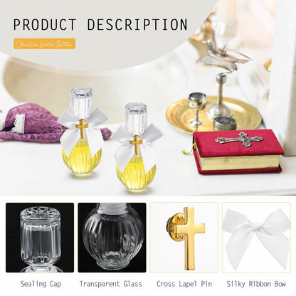 Chuangdi 10 Set Holy Catholic Water Bottles 50ml Glass Cross Pin Ribbon Classic