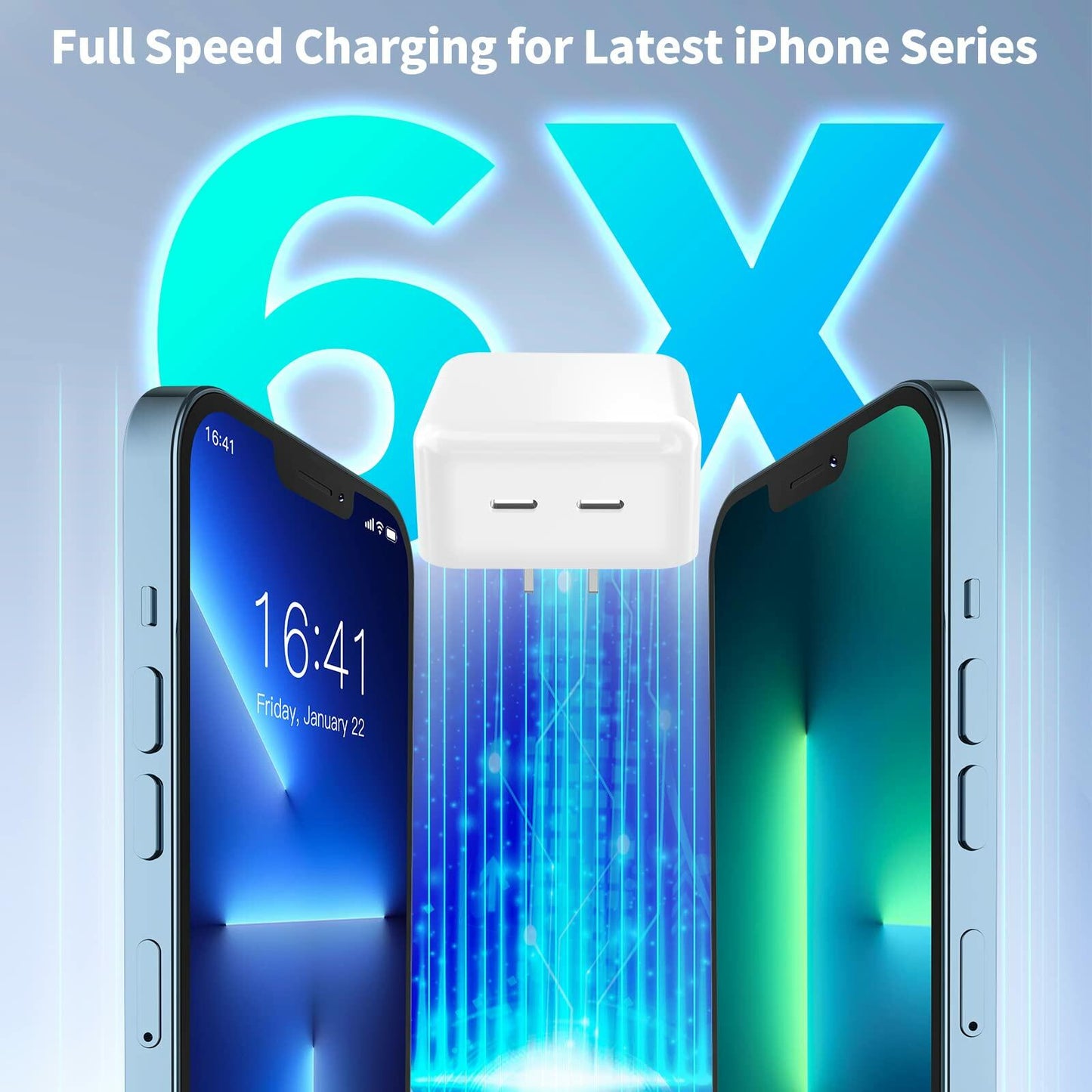 GEONAV Apple MFi 35W Dual USB-C GaN Fast Charger with 2x 6FT C to Lightning