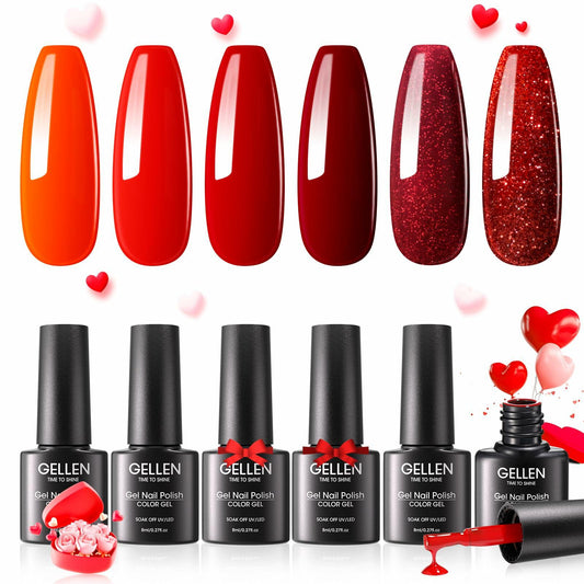GELLEN Gel Nail Polish Set 6 Colors Burgundy Red Glitter Crimson Celebration