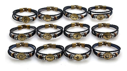 vmcoatdu Leo Zodiac Alloy Leather Braided Rope Bracelet 7.9in Brown