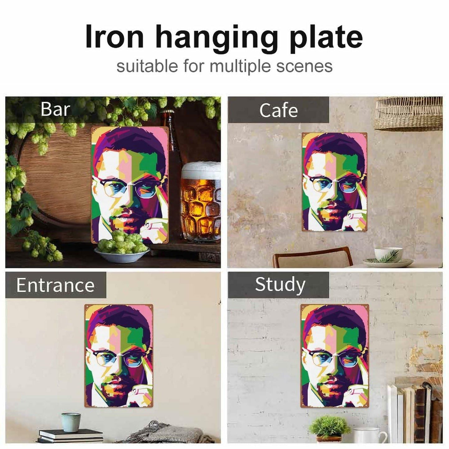 KIVYYB Malcolm X Portrait Tin Sign Retro Metal Wall Art 8x12 Inches