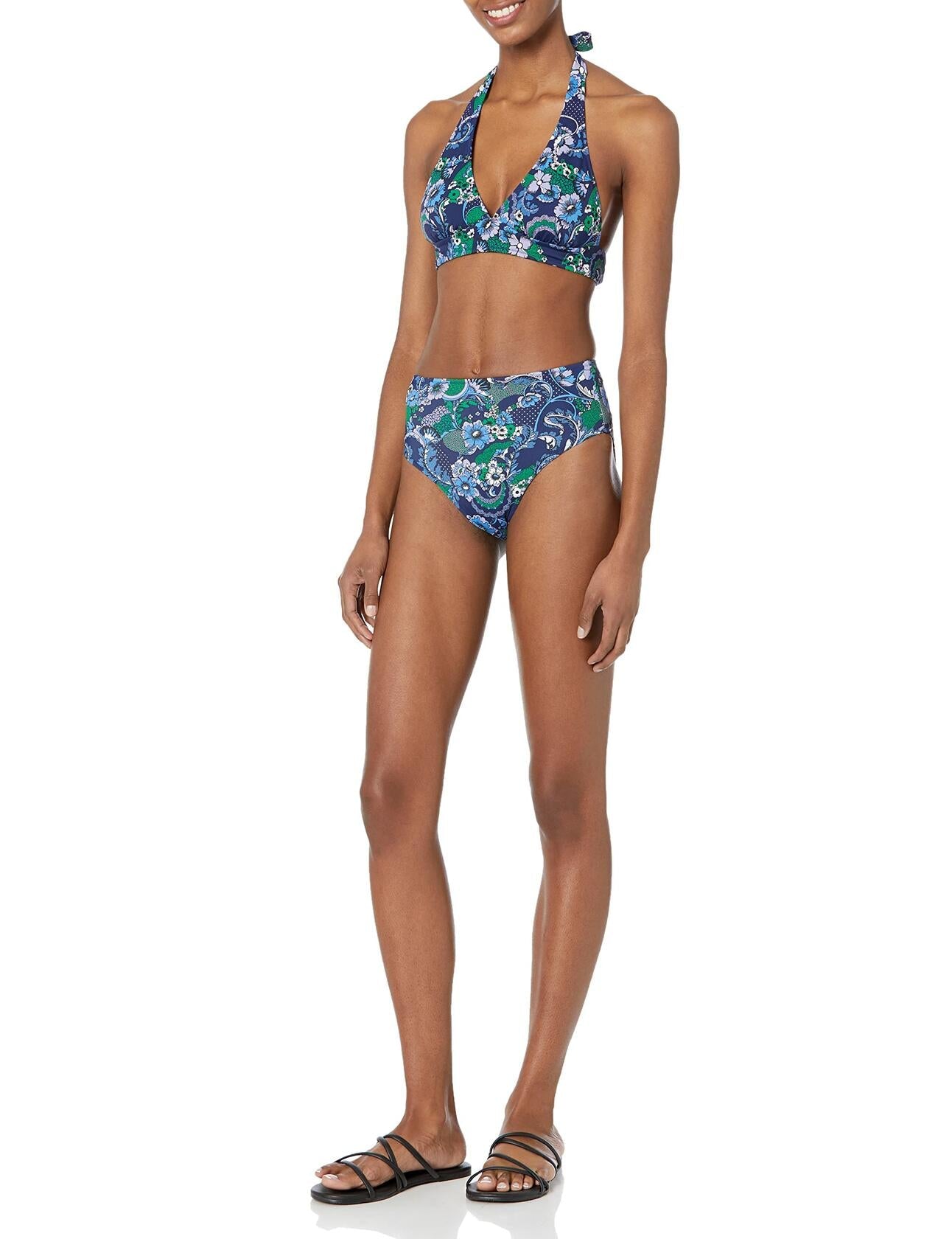 Amazon Essentials Women's High Waist Bikini Bottom Deep Blue Paisley Size XS