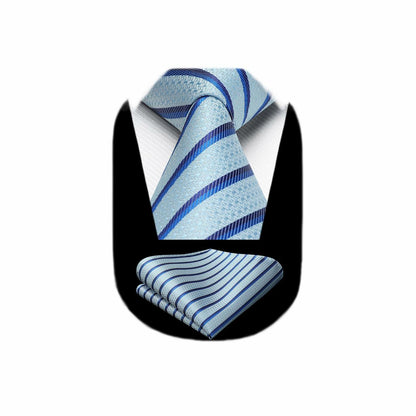 HISDERN Mens Silk Striped Necktie & Handkerchief Set Light Green Size 8.5cm