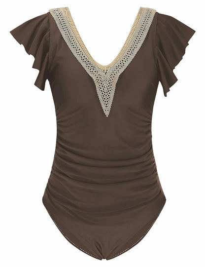 Buauty Womens One Piece Swimsuit Tummy Control Deep V Lace Ruffle Coffee Size XL
