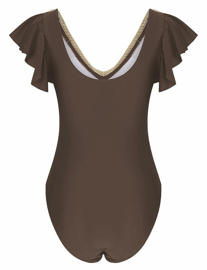 Buauty Womens One Piece Swimsuit Tummy Control Deep V Lace Ruffle Coffee Size XL