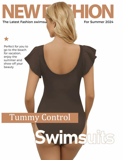 Buauty Womens One Piece Swimsuit Tummy Control Deep V Lace Ruffle Coffee Size XL