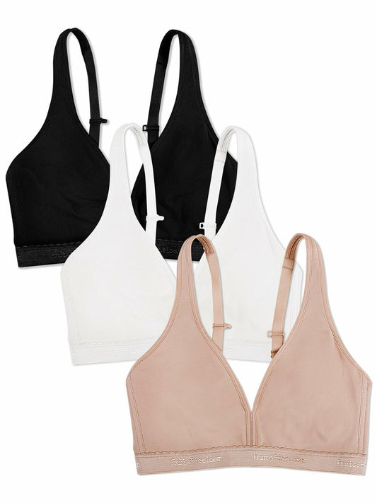 Fruit of the Loom Womens Wirefree Cotton Bralette Black/White/Sand Size 3XL