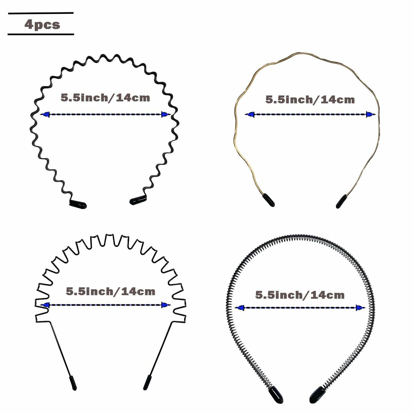 WEIMAISI 4pcs Black Metal Wavy Non Slip Hair Hoop Headband Accessories