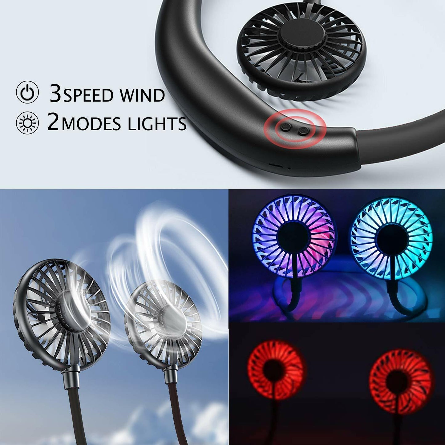 YALTOON Neck Fan 2600mAh USB Portable Black 7 Blades 3 Speeds Over 12H