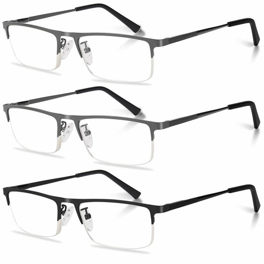 Anourney 3-Pack Men’s Reading Glasses Half Frame Blue Light +3.0 Gray/Black