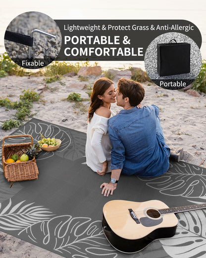 COCOER Tropical Outdoor Rug 6x9 LED Reversible Waterproof Patio Rug Greywhite