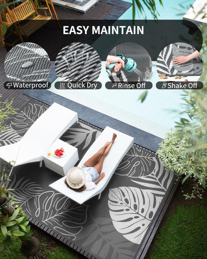 COCOER Tropical Outdoor Rug 6x9 LED Reversible Waterproof Patio Rug Greywhite