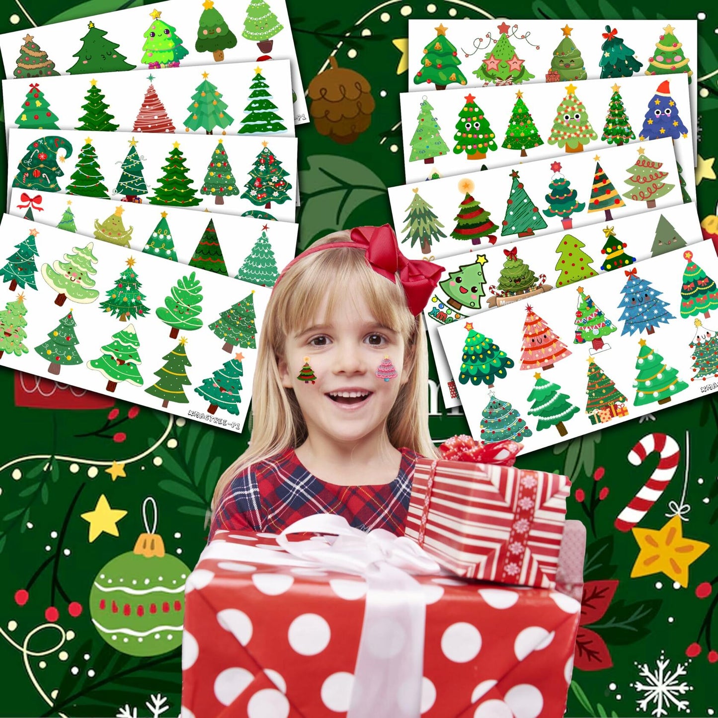 MeoIsDaBest 105 PCS Christmas Tree Temporary Tattoos Multi Color Party Favors