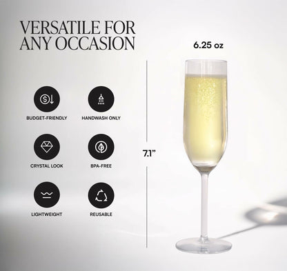LAURANT Crystal Clear Plastic Champagne Flutes 6.25oz Set of 6 BPA Free USA