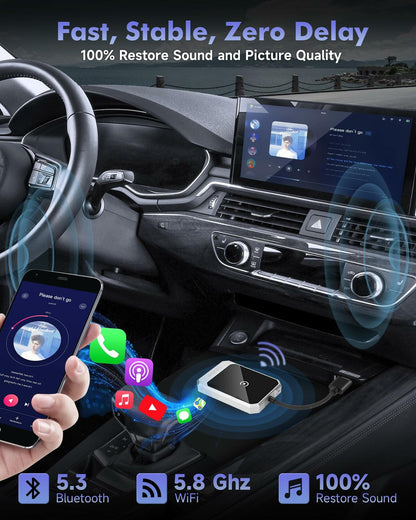 Aurwenk Wireless CarPlay Adapter for iPhone Mini Dongle Silver Plug & Play