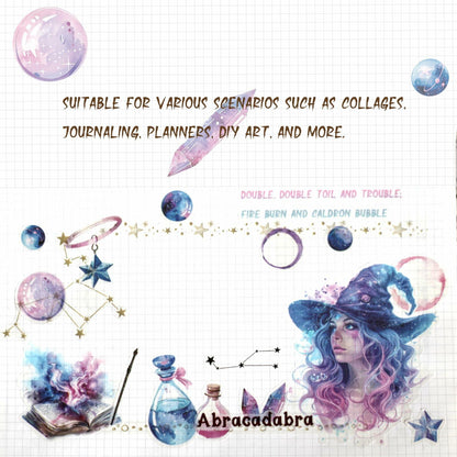 VISUMCIP Witch Stickers 10 Sheets Pre-Cut Journaling Washi Scrapbooking Magic