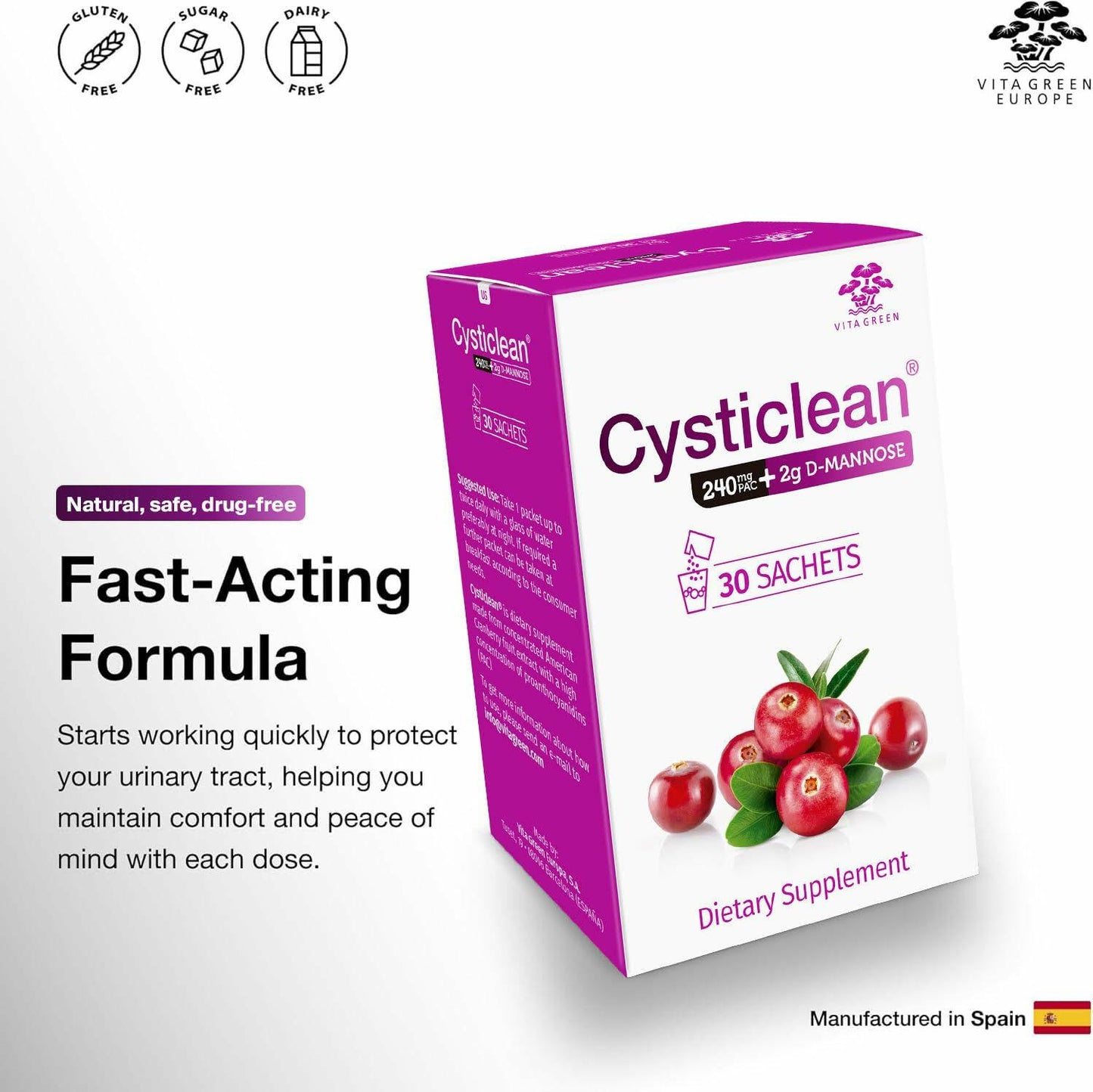 BestBy07/27 Cysticlean 240mg PAC + D-Mannose 2g 30 Packets Urinary Health