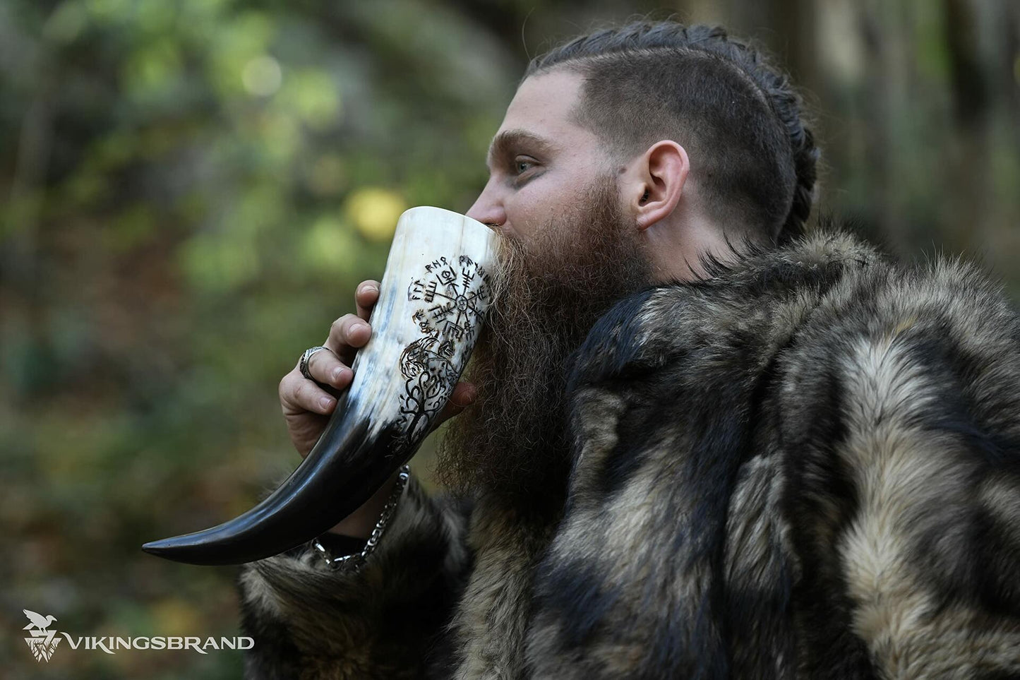 VikingsBrand Handmade Viking Drinking Horn with Stand Vegvisir Yggdrasil 19in