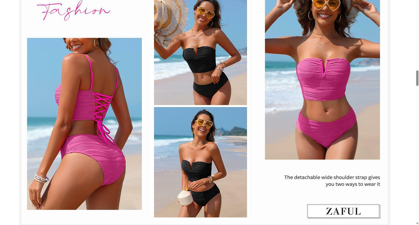 ZAFUL Women's Strapless High Waisted Push Up Bikini Set Hot Pink Size S