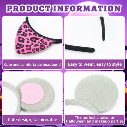 Hoteam 3 Pcs Halloween Ear Headbands Pink Leopard Bunny Mouse Colorful