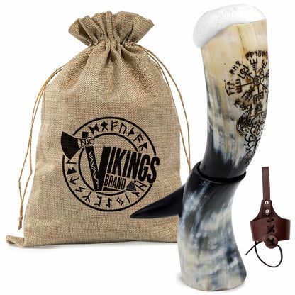 VikingsBrand Handmade Viking Drinking Horn with Stand Vegvisir Yggdrasil 19in