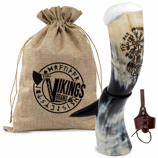 VikingsBrand Handmade Viking Drinking Horn with Stand Vegvisir Yggdrasil 19in