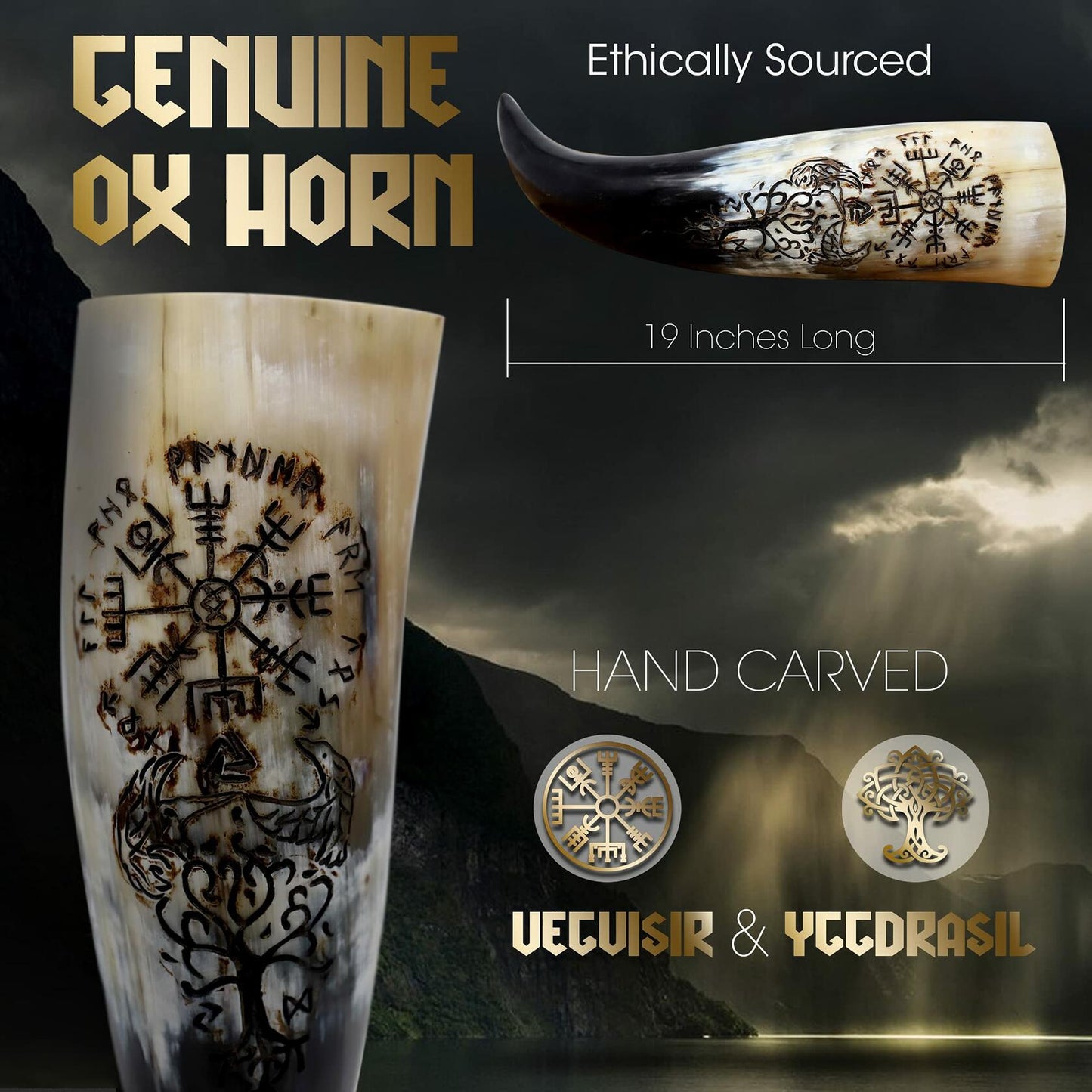VikingsBrand Handmade Viking Drinking Horn with Stand Vegvisir Yggdrasil 19in