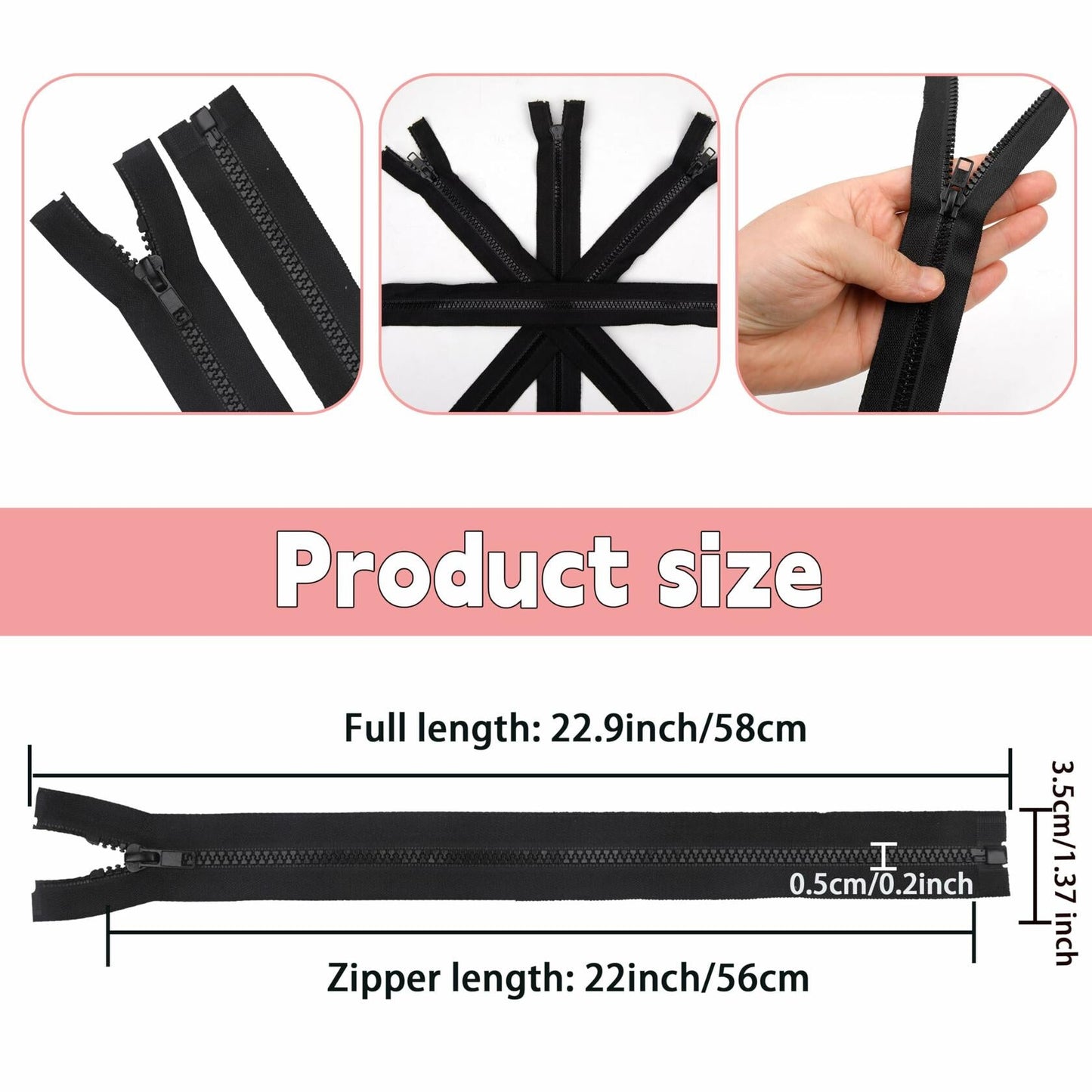 YAKA 4PCS #5 22in Separating Jacket Zippers Black Molded Plastic Size 22in