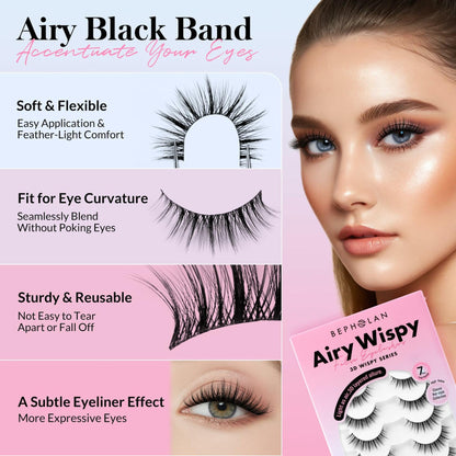 Bepholan False Eyelashes 7 Pairs Natural Wispy Reusable Clear Band W06