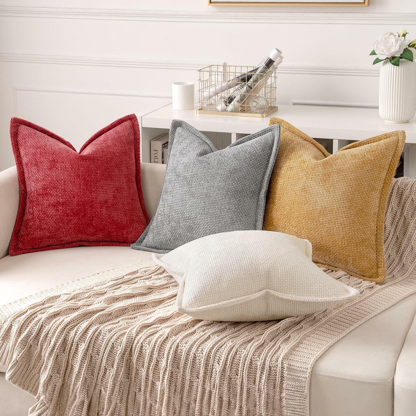 Woaboy 2-Pack Red Decorative Pillow Covers 18x18in Chenille Throw Pillows