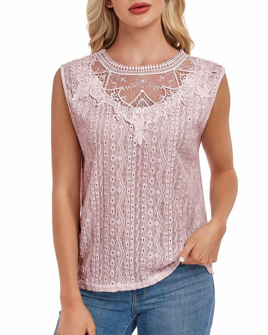 AGWISH Women’s Sleeveless Ruffle Lace Blouse Semi Sheer Floral Light Pink XL