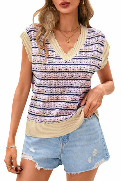 CFLONGE Women's Striped Crochet Knit Sweater Vest Pink Size Large