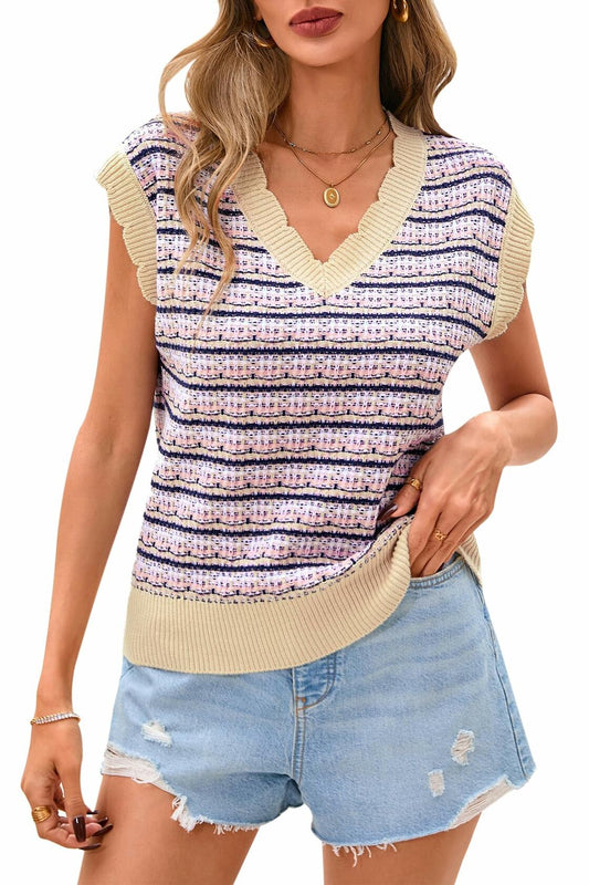 CFLONGE Women's Striped Crochet Knit Sweater Vest Pink Size Large