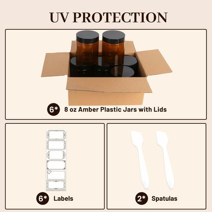 AuroTrends 8oz Amber Jars 6-Pack with Lids for Creams, Candles & DIY