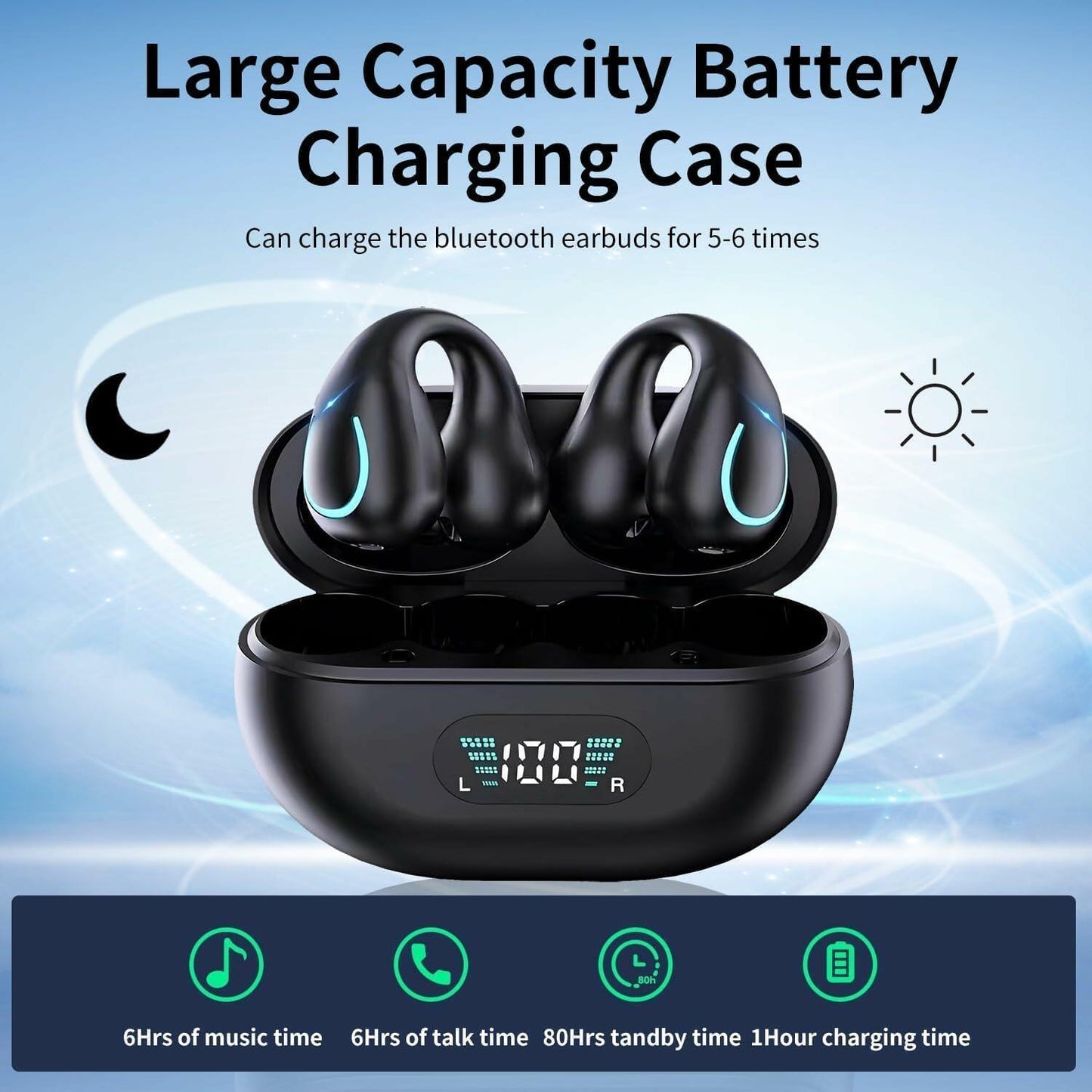 Wireless Bluetooth Bone Conduction Headphones 60H LED Display Waterproof
